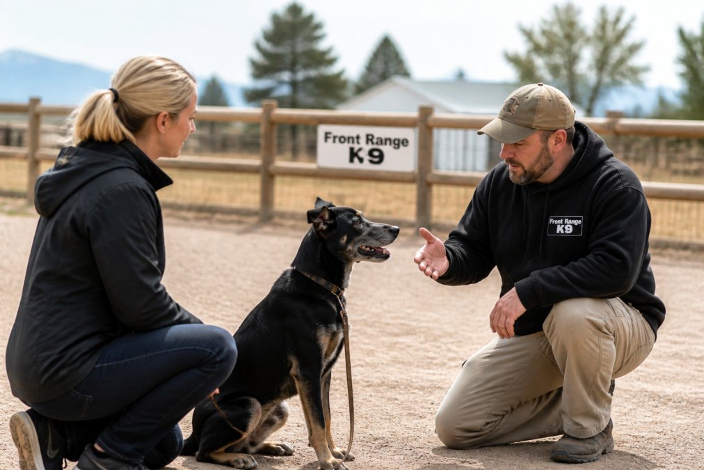 Professional dog trainer working one-on-one with a dog and owner in an outdoor training environment, demonstrating hands-on instruction and engagement