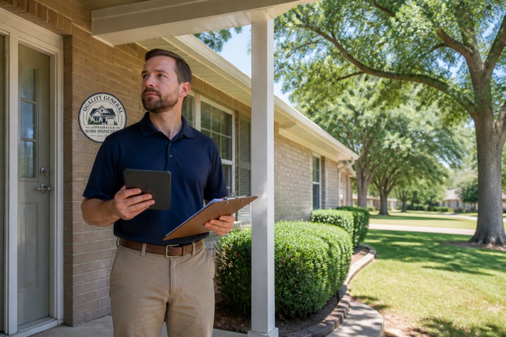 A professional appraiser in business casual attire standing on the front porch of a brick ranch-style home in Southwest Missouri, holding a tablet and clipboard, with a manicured lawn and mature oak trees in the background