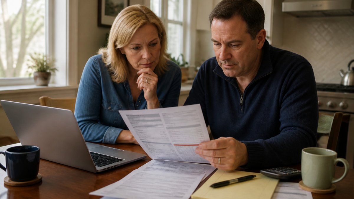 A homeowner at a kitchen table reviewing a printed property tax bill next to a laptop showing a municipal tax collector webpage, warm afternoon light through the window
