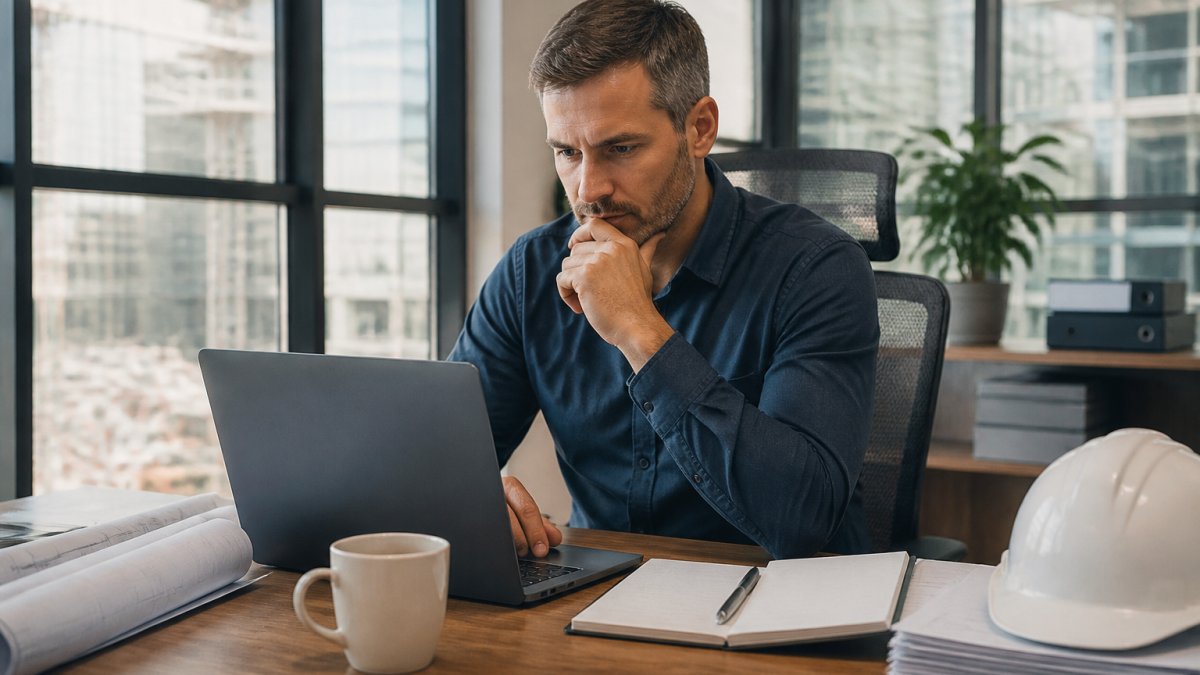 A business development manager at a construction firm reviewing public works bid listings on a laptop, with a notebook and coffee on a desk in a bright office