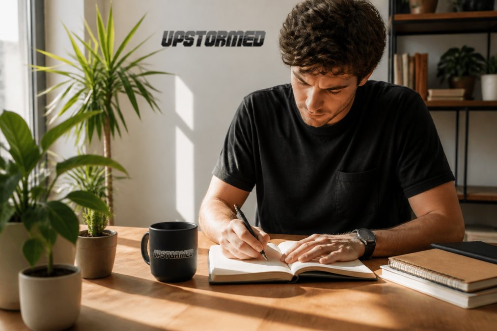 Person writing in a notebook at a sunlit desk to find purpose through reflecting on core values