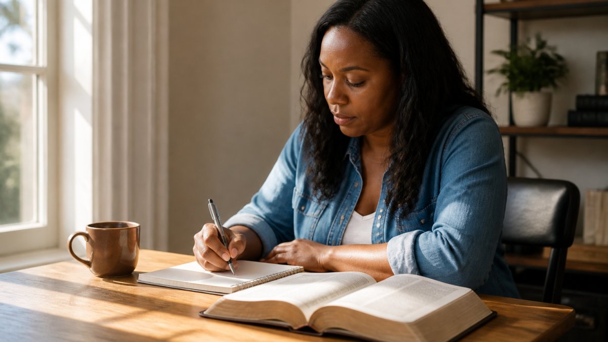 A woman sitting at a wooden table with an open Bible, a notebook, and a cup of coffee, writing thoughtfully in a sunlit room