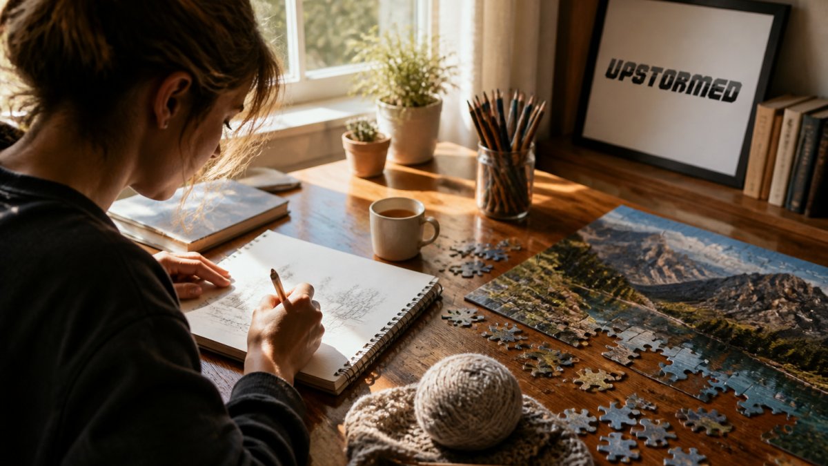 Infographic illustrating various creative hobbies including sketching, puzzling, and knitting on a wooden table.