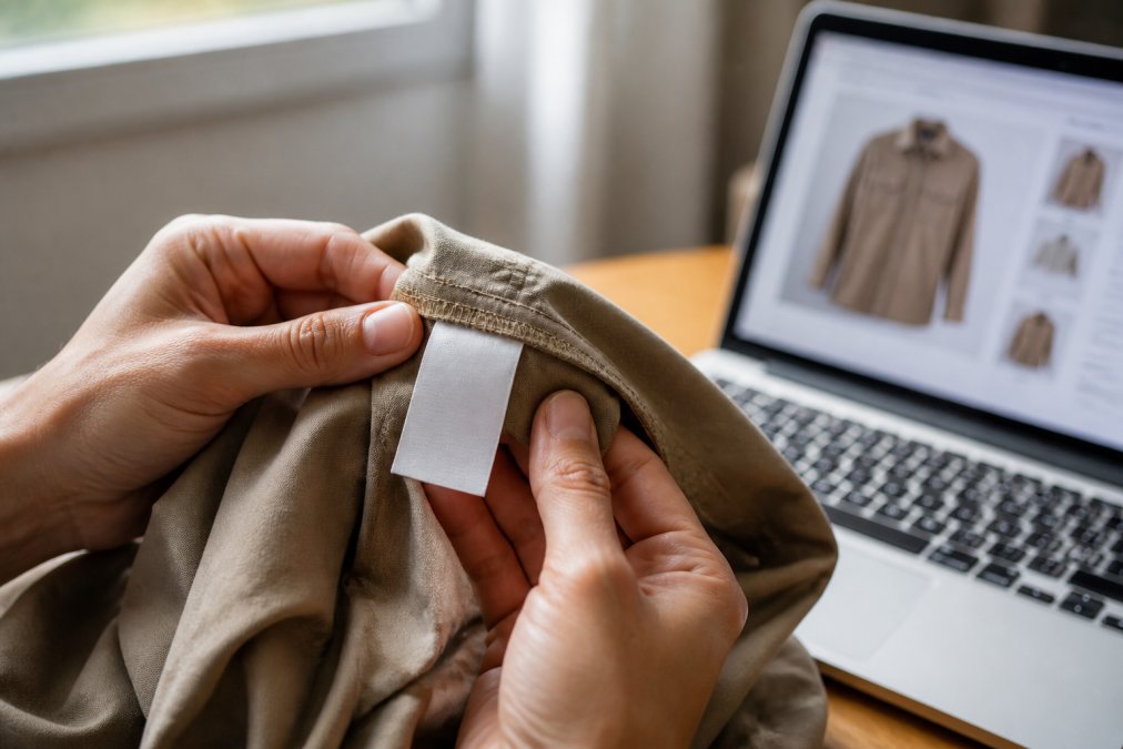 Close-up of hands examining a garment's fabric tag and stitching detail under natural light, with a laptop showing an online product page in the background