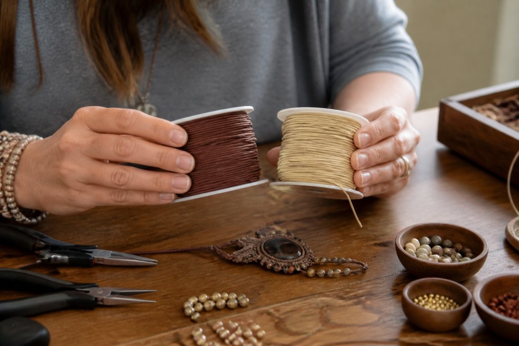 A crafter's hands comparing two spools of cord at a well-lit wooden worktable, with pliers, beads, and a half-finished jewelry project nearby