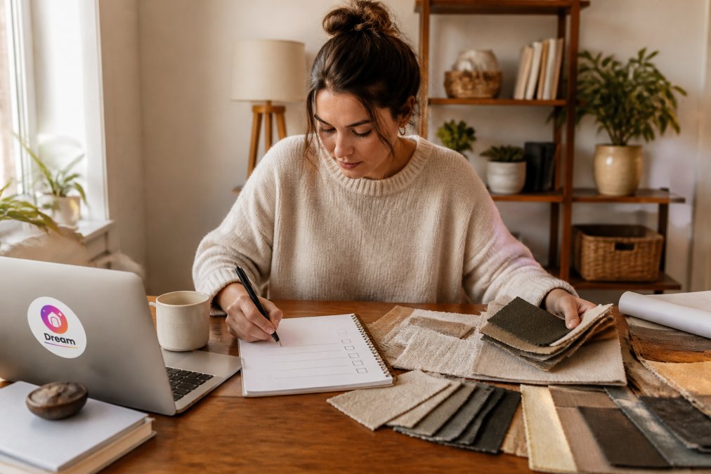 Checklist and fabric swatches for planning your purchase of quality home goods in a cozy office setting