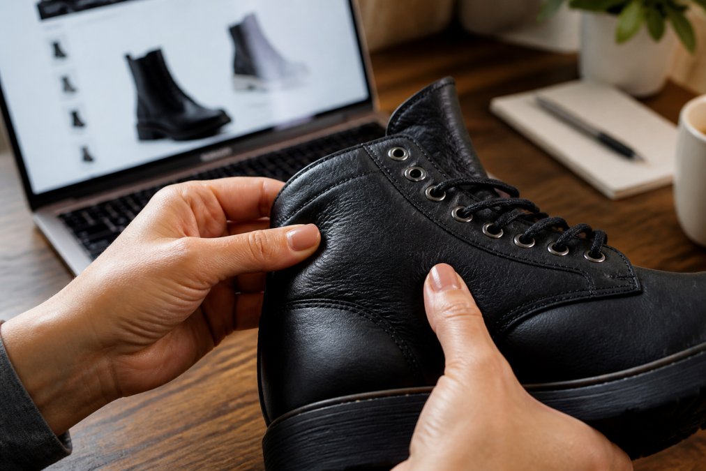 Close-up of a woman's hands inspecting the leather texture and stitching on a black boot, with a laptop screen showing a product page in the background