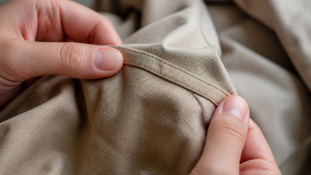 Close-up of hands carefully inspecting seam stitching on a piece of fabric, showing neat, even stitches with quality thread, natural daylight illuminating the textile details