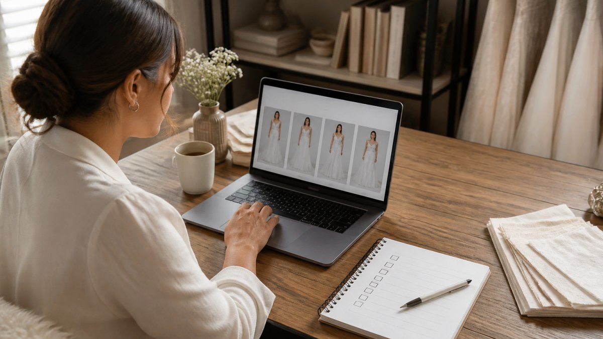 A bride-to-be sitting at a desk with a laptop, reviewing an online bridal boutique website, with a notebook and checklist beside her in a bright home office