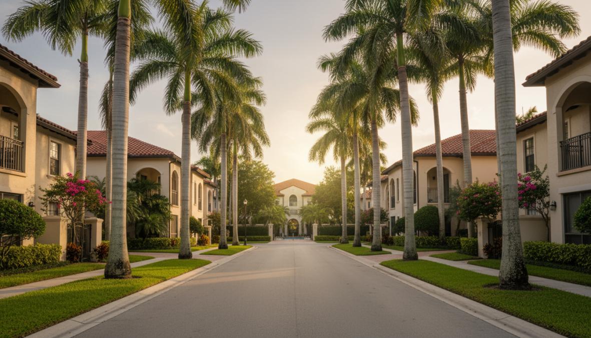 A peaceful garden-style apartment community in Boca Raton with tall palm trees, manicured tropical landscaping, and a quiet shaded walkway bathed in warm afternoon Florida sunlight