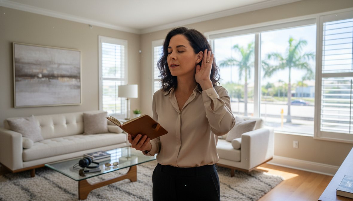 A professional woman in her late thirties standing in a bright, sunlit modern apartment living room, holding a notepad and listening attentively while an apartment manager speaks, natural light streaming through large windows