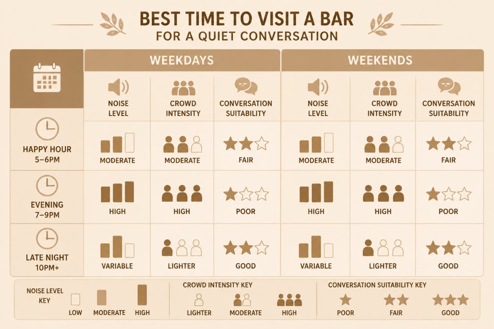 Comparison matrix showing noise level, crowd intensity, and conversation suitability across happy hour 5-6pm (moderate noise, moderate crowds, fair for conversation), evening 7-9pm (high noise, high crowds, poor for conversation), and late night 10pm+ (variable noise, lighter crowds, good for conversation) on weekdays versus weekends