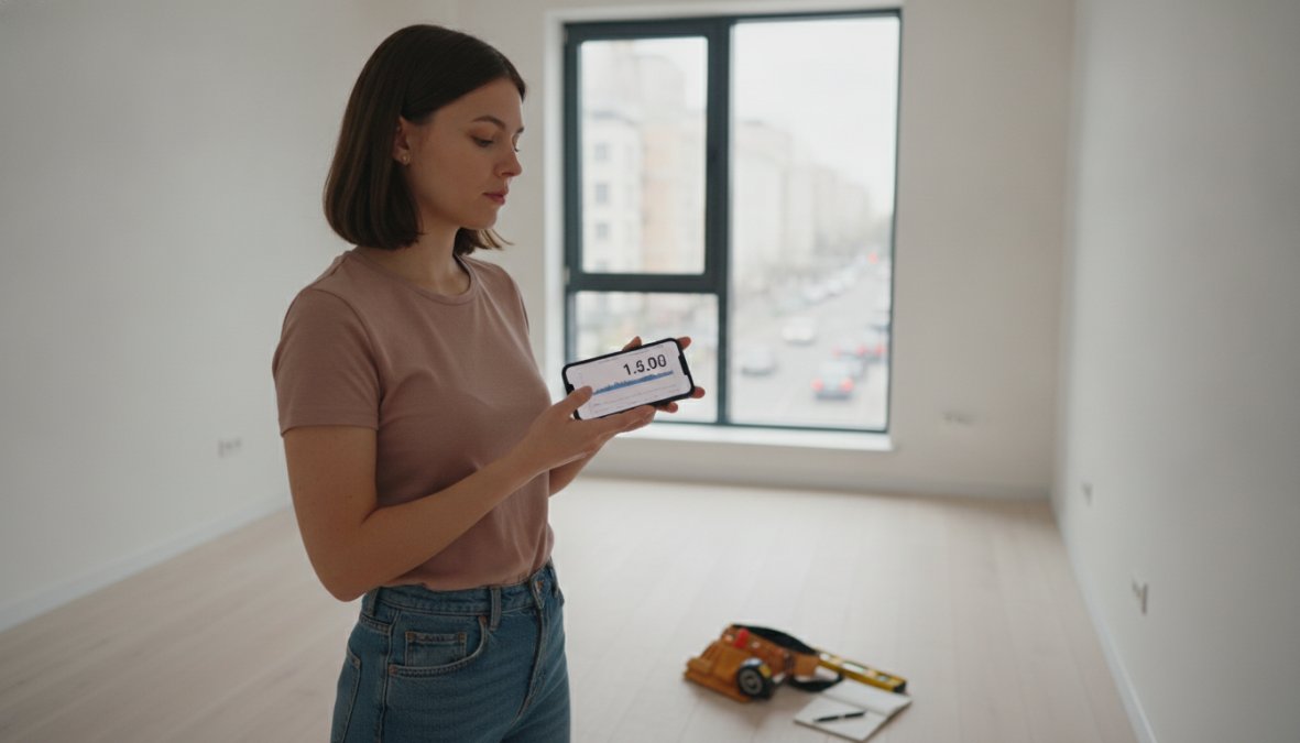 Person holding a smartphone with a decibel meter app open, standing near a sun-filled apartment window, listening attentively to ambient street noise in an empty, well-lit unit