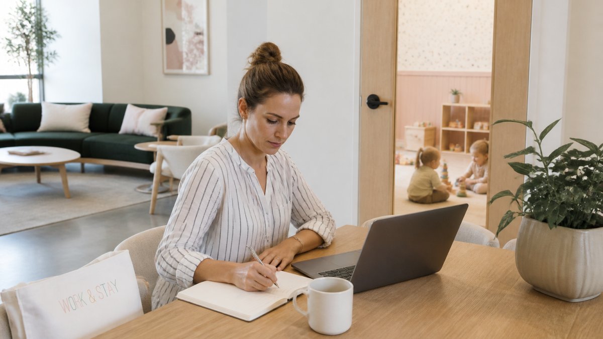 Professional parent working at a desk in a bright, modern coworking lounge with a closed door visible in the background, suggesting a separate childcare area nearby