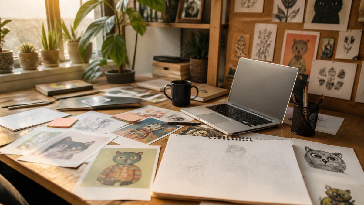 Workflow diagram for sourcing quirky graphic designs on a desk with sketches and reference sheets