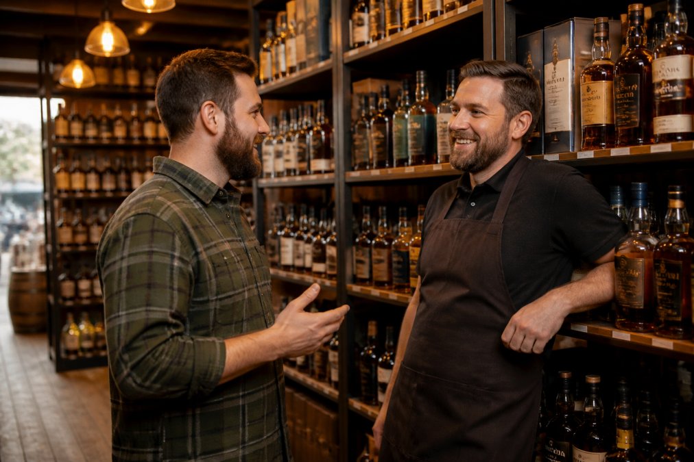 A bourbon collector having a friendly conversation with a liquor store employee near a well-stocked whiskey shelf displaying various limited edition bottles, warm store lighting, both people engaged and smiling