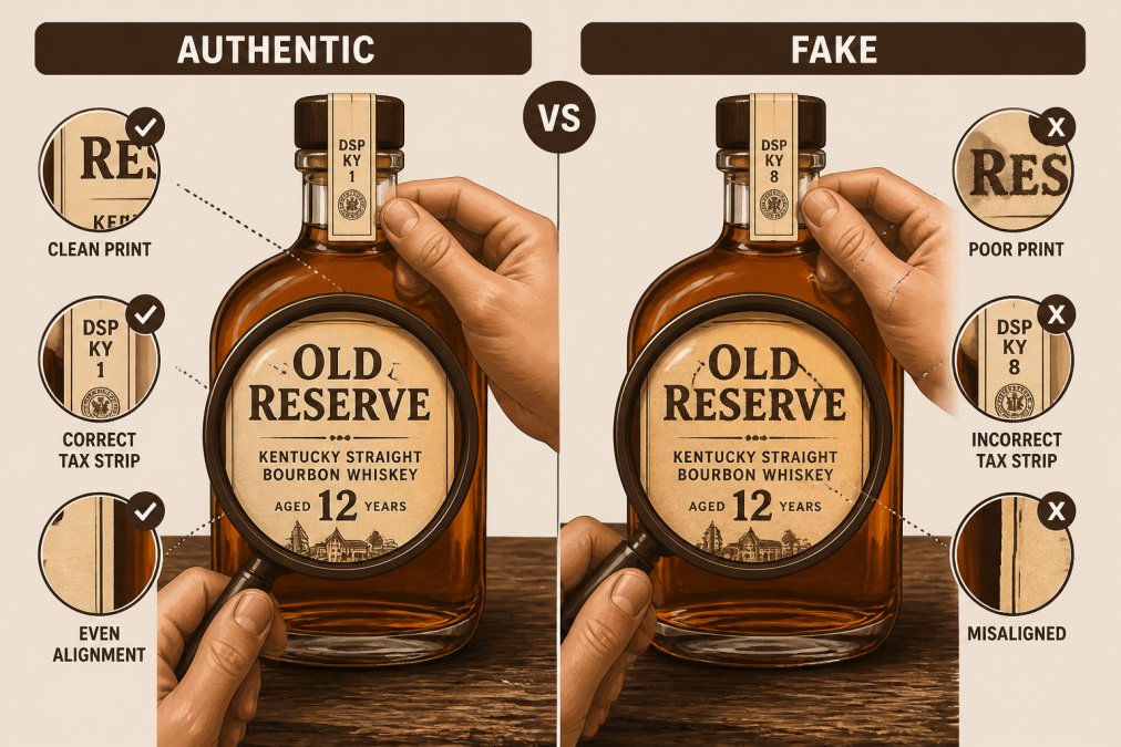 Close-up of two bourbon bottles side by side on a worn wooden surface, with a person's hands examining label details and the tax strip under bright directional lighting, one bottle showing signs of label irregularity