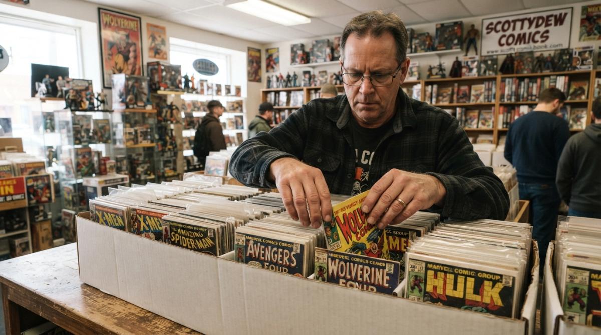A collector's hands carefully flipping through a long box of comics in a well-lit local shop, colorful covers visible, focused expression