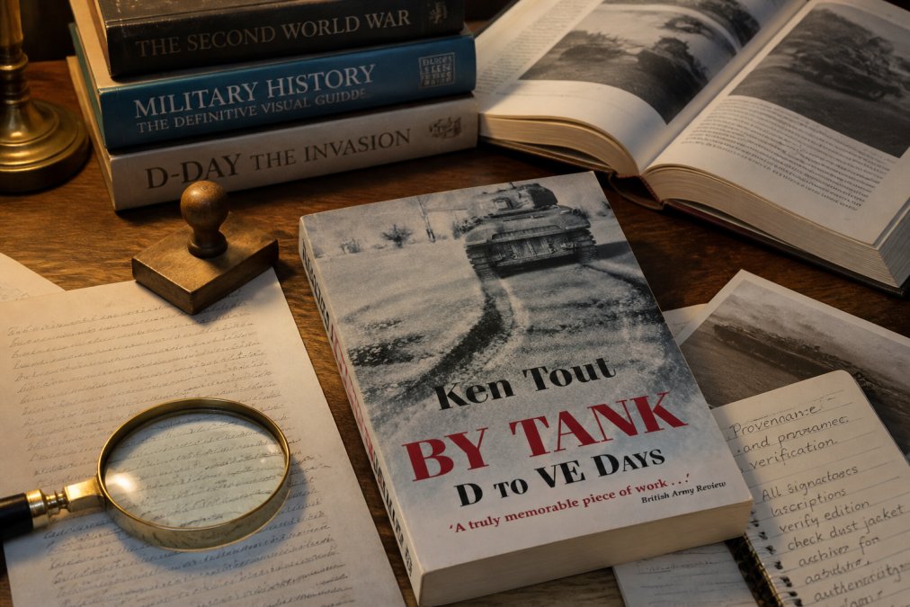 A collector's desk with magnifying glass, vintage military history books stacked and open, showing dust jackets and spine details, archival documentation and notes nearby, warm desk lighting