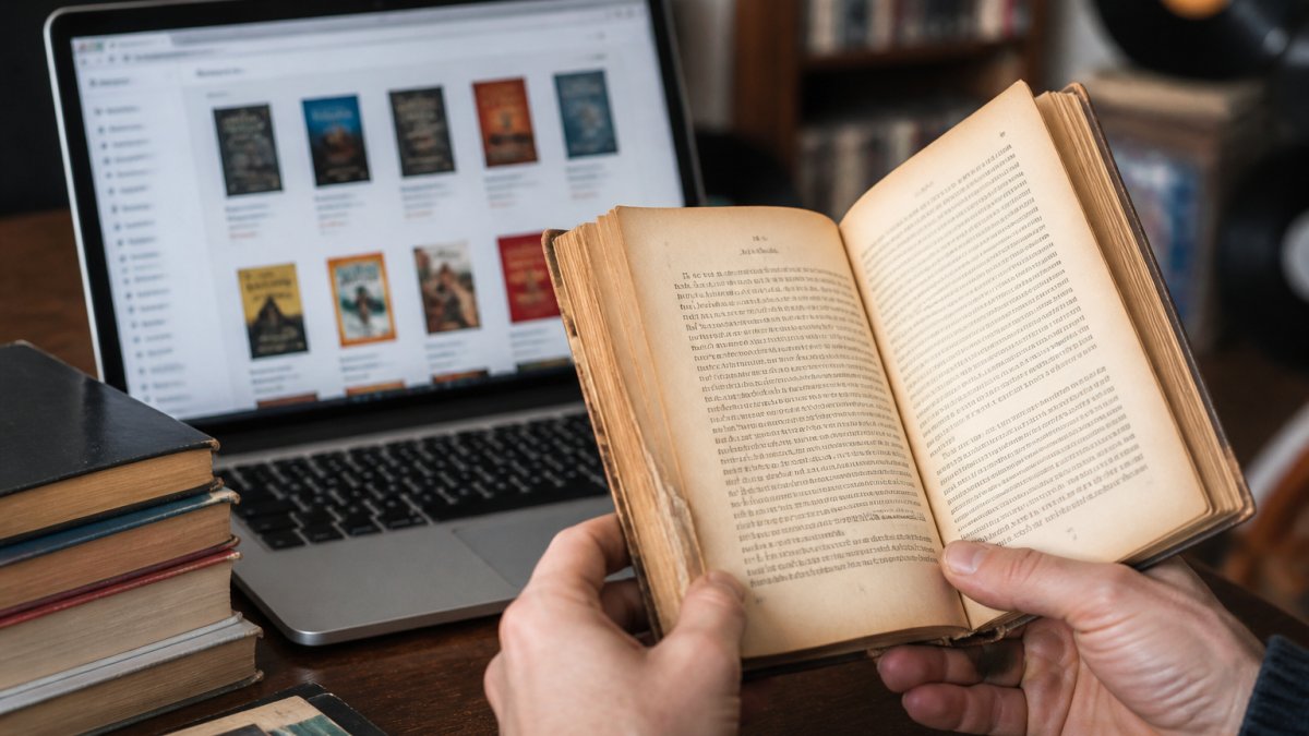 Hands holding an open vintage book with aged, yellowed pages showing visible wear, with a laptop displaying a book-search website in the background on a wooden desk