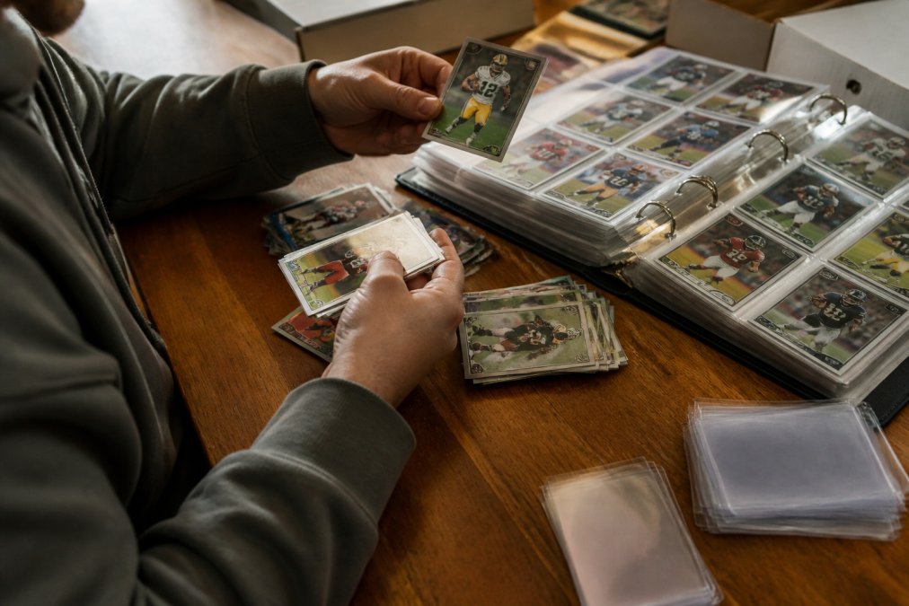 A collector at a table sorting through a pile of football trading cards, with a binder and card sleeves nearby, warm indoor lighting