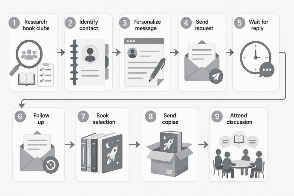 Flowchart outlining how to find readers for a science fiction book through an eight-step book club outreach process.