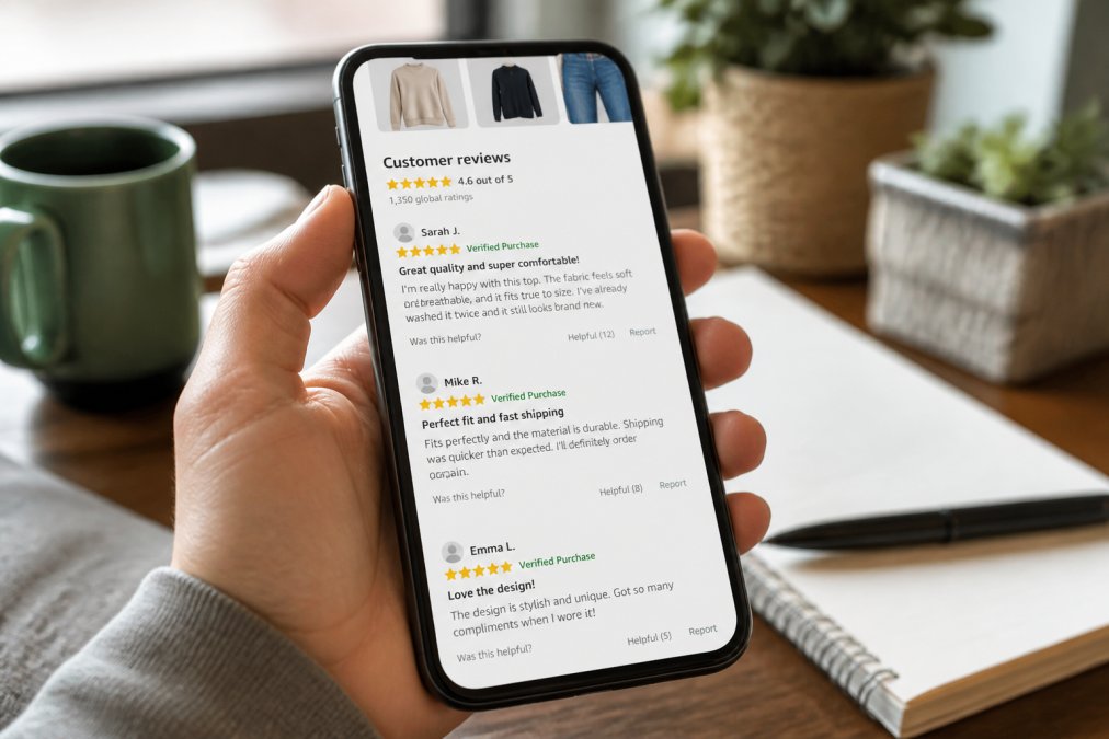 Close-up of smartphone screen displaying customer reviews with verified purchase badges, star ratings, and detailed written feedback on a clothing product page with natural lighting
