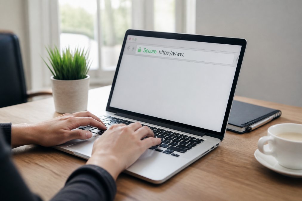 Person's hands on laptop keyboard with browser address bar visible showing secure HTTPS connection with green padlock icon and "secure" indicator in modern home office with natural window lighting