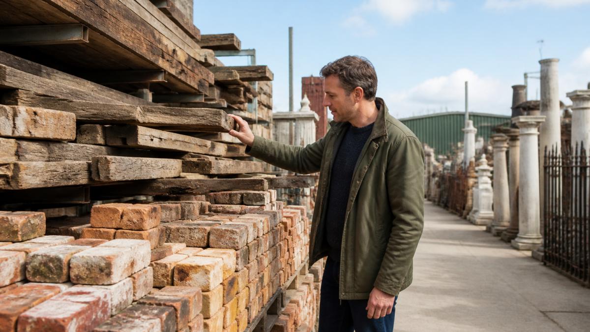 A person browsing stacked reclaimed timber and bricks at an outdoor salvage yard on a bright day, with rows of architectural salvage items visible in the background