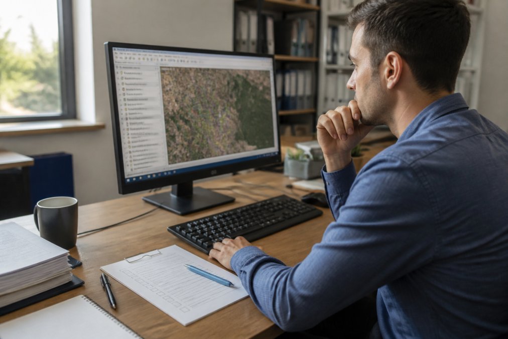 A GIS analyst at a desk reviewing compliance documentation on a monitor displaying a map interface, with a printed checklist and pen beside the keyboard in a bright office
