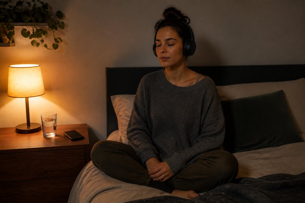 A woman in her early 30s sitting cross-legged on a bed in a dimly lit bedroom at night, wearing over-ear headphones, eyes closed, phone face-down on the nightstand beside a glass of water and a small lamp