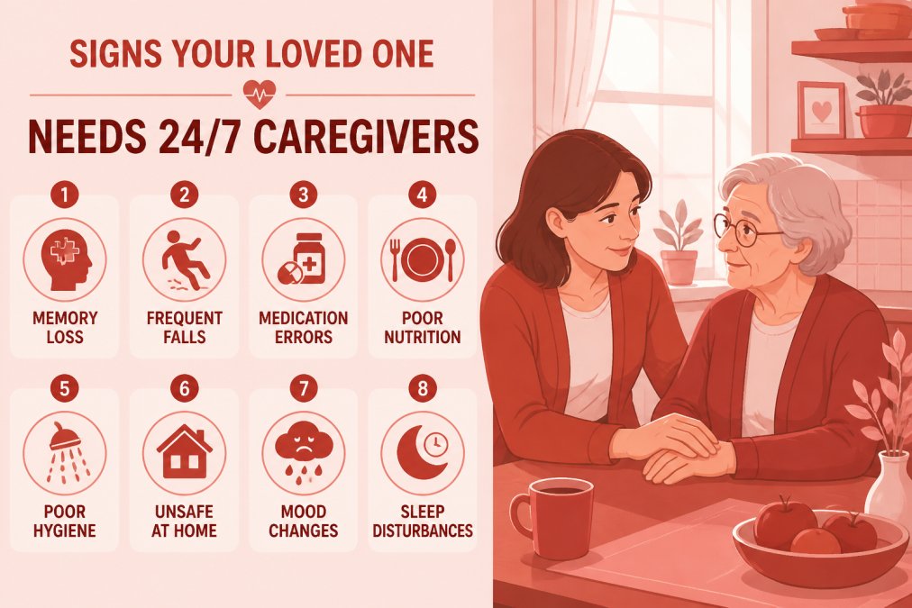 An adult daughter sitting beside her elderly mother at a kitchen table, gently holding her hand with a warm, concerned expression, soft natural light coming through a nearby window in a cozy home setting