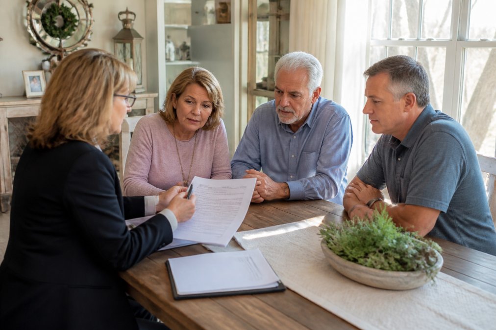 A family of three adults sitting across a dining room table from a home care coordinator, reviewing printed care documents together in a bright, warmly lit home with afternoon sunlight