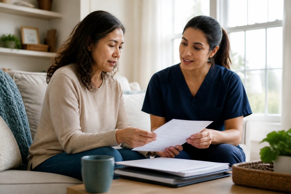 Adult daughter and professional caregiver sitting together in a bright living room, reviewing care documents and building rapport during an initial consultation meeting