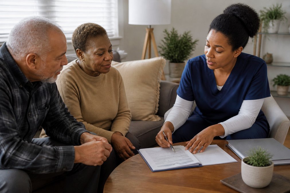Family members and caregiver sitting together in a home setting, discussing care needs and documenting a personalized care plan with forms and notes on a table