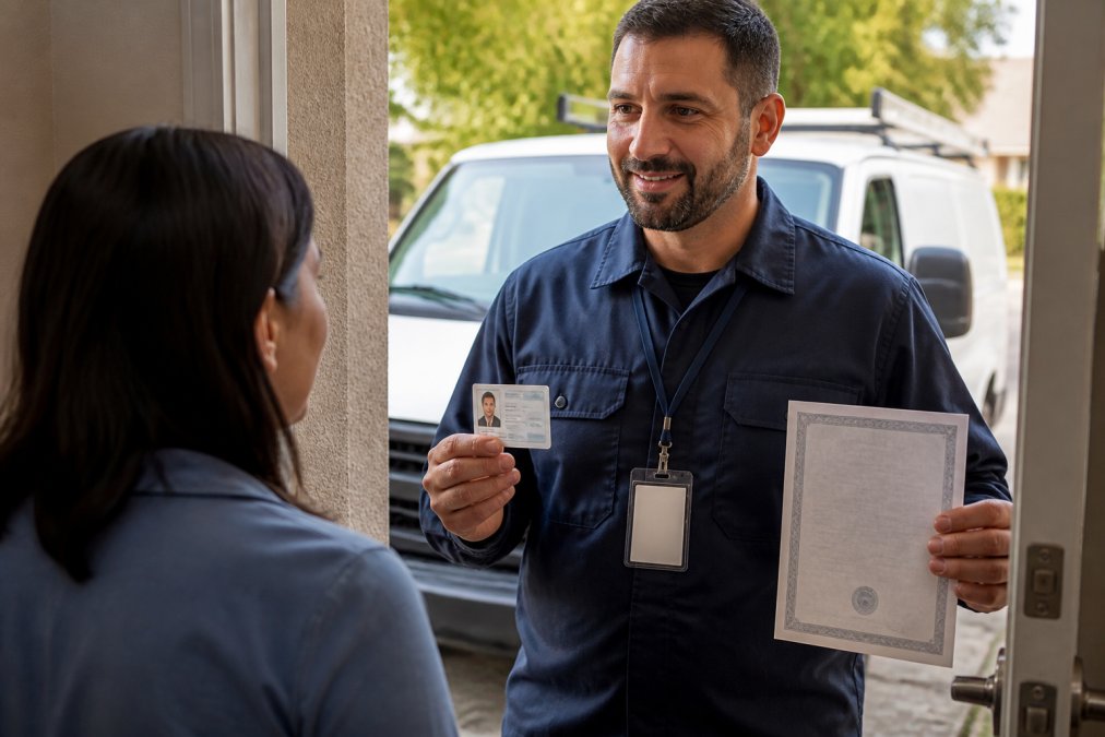 Professional locksmith displaying state license card and bonding certificate with identification badge visible on work uniform