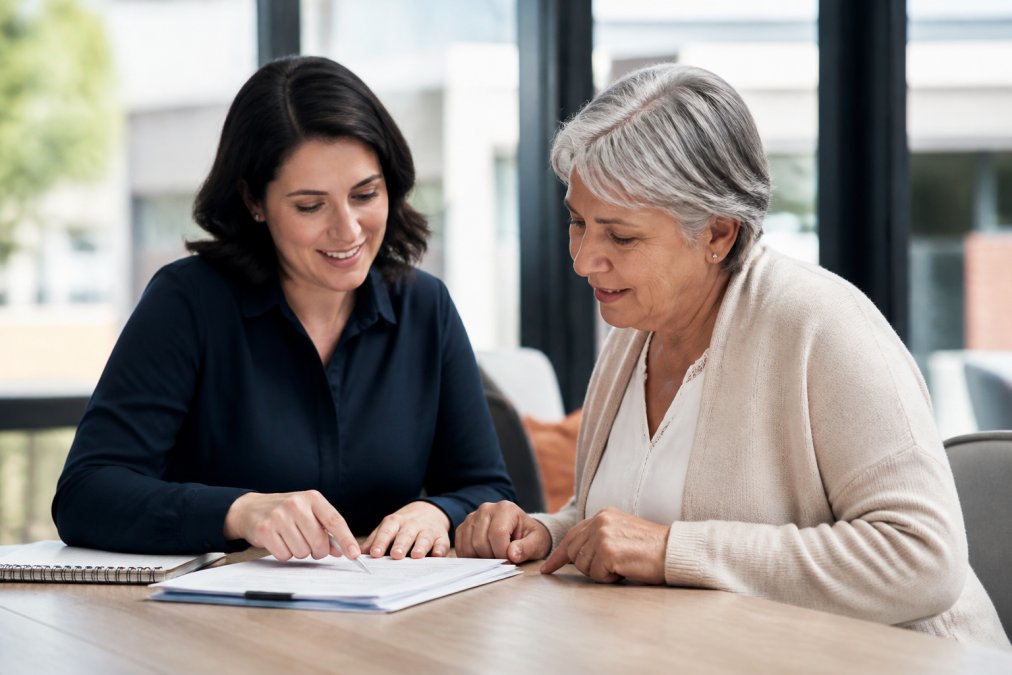Professional support coordinator and family member sitting at a desk in a modern office, reviewing documents together and having a conversation, warm natural lighting from windows