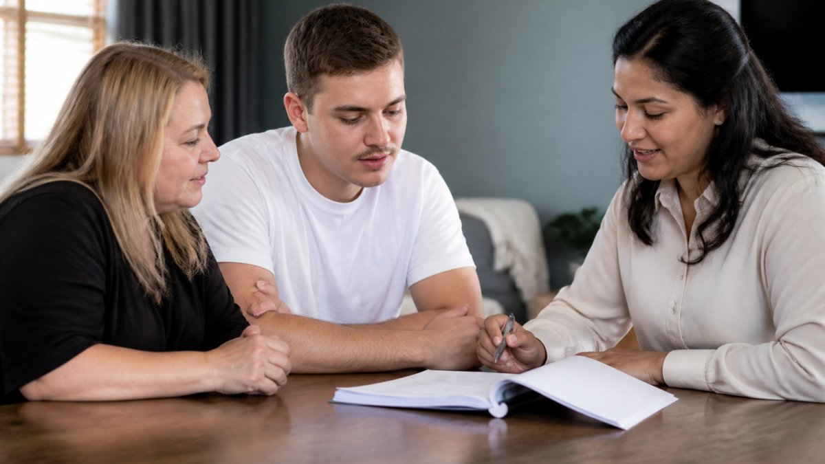 Support coordinator and family member in professional office setting reviewing documents together with NDIS provider representative, focused conversation about service details