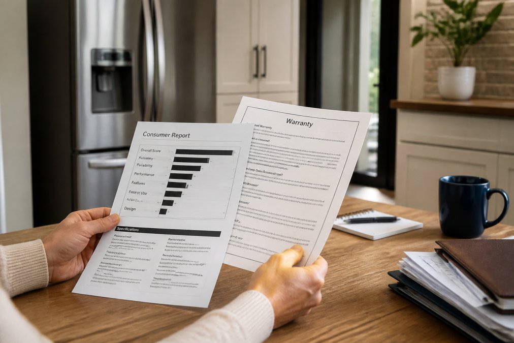Close-up of hands holding a printed appliance warranty document and consumer report with a stainless steel refrigerator visible in the background