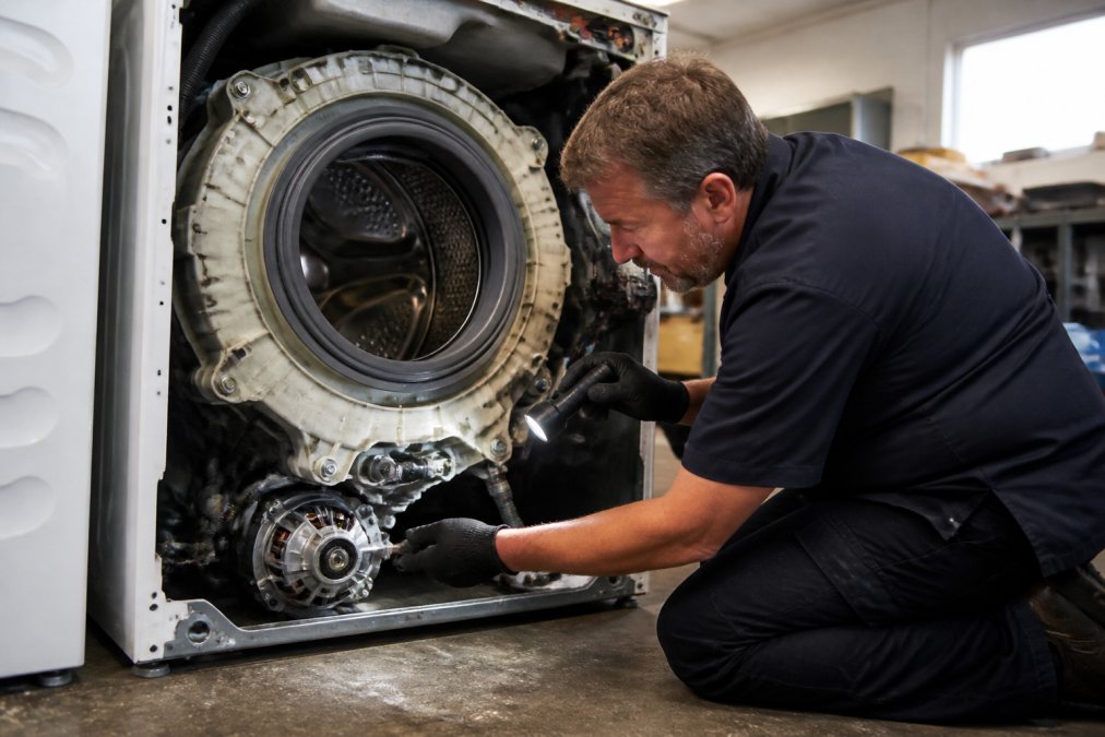 Technician examining the interior components of an open washing machine, inspecting the drum bearing and motor assembly with a flashlight in a well-lit service shop