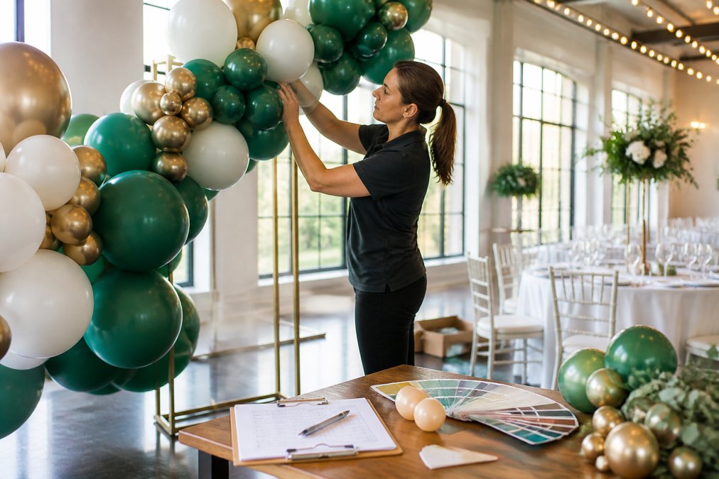 A professional balloon artist in a branded polo shirt carefully assembling a large organic balloon garland on a freestanding frame inside a bright event venue, with a clipboard and color swatches visible on a nearby table