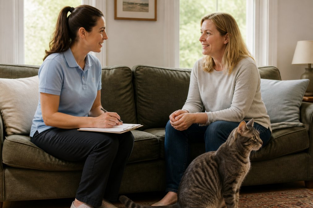 Cat owner and professional pet sitter sitting in a living room with a gray tabby cat nearby, both seated comfortably and having a conversation, natural afternoon light from windows