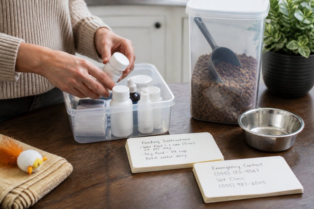 Close-up of a cat owner's hands organizing cat supplies on a table including medication bottles, feeding instructions written on notecards, and a cat food container with measuring scoop, organized and clearly labeled