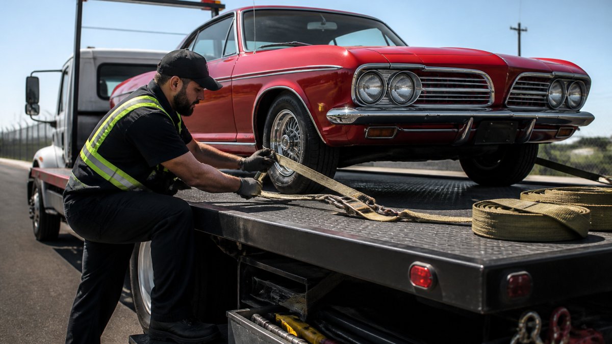 Professional towing technician performing a detailed vehicle inspection, checking tire condition and securing tie-down straps on a classic car positioned on a flatbed tow truck under natural daylight