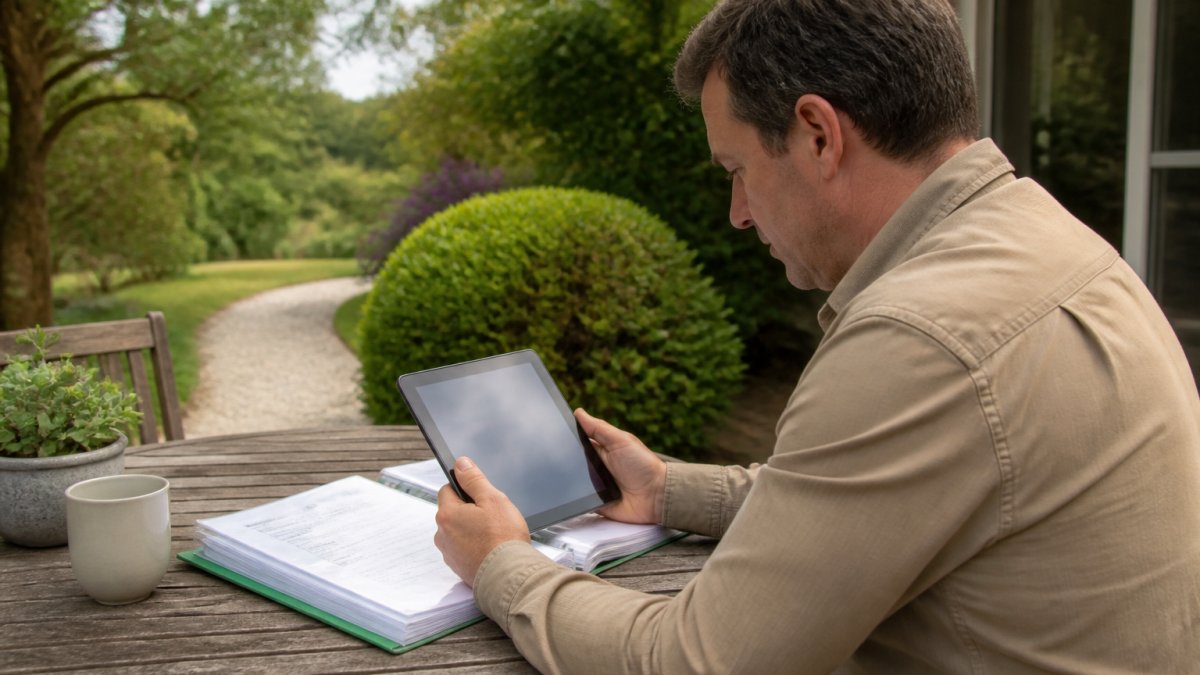 Infographic checklist to find reliable contractors by reviewing credentials and documentation on a tablet