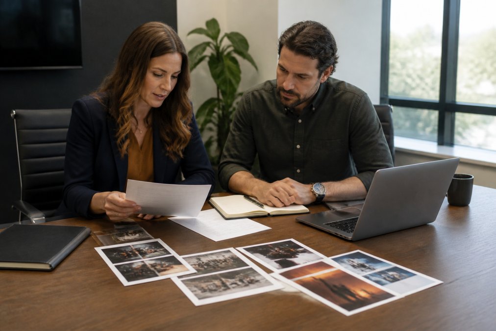 A marketing director and production coordinator reviewing a printed checklist and portfolio samples on a conference table in a bright office, laptop open nearby