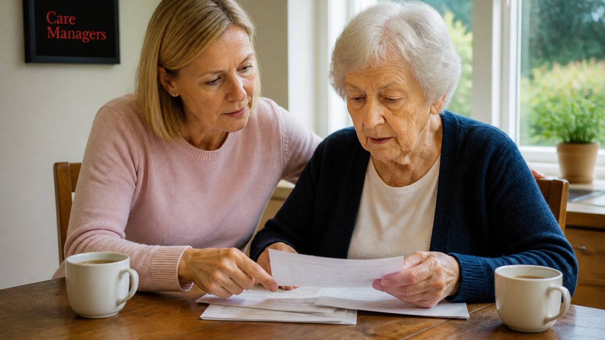 A middle-aged woman sitting with her elderly mother at a kitchen table, looking through paperwork together with a cup of tea, warm natural light from a window, gentle and supportive atmosphere