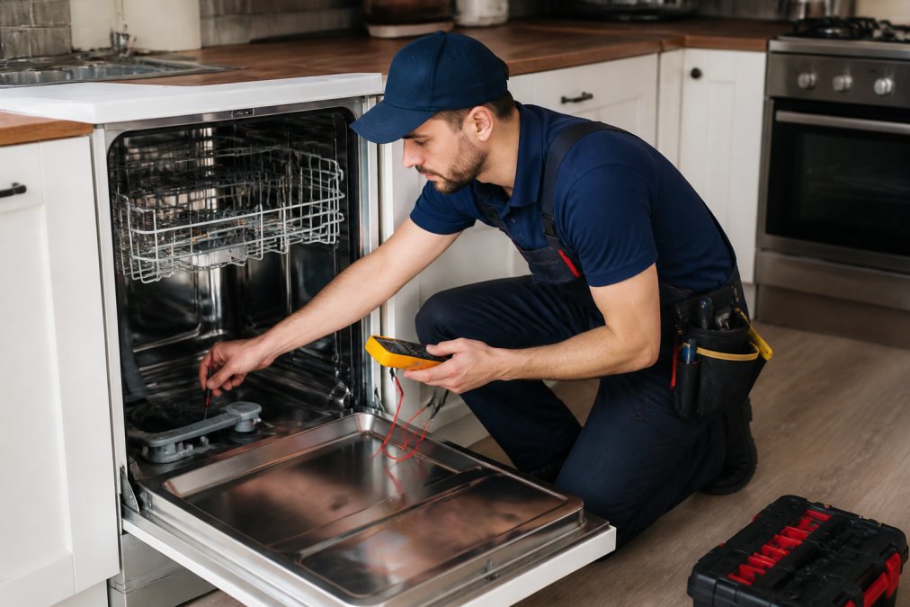 Professional technician in uniform examining the interior of a dishwasher with diagnostic tools and multimeter, showing focused attention to detail in a well-lit kitchen