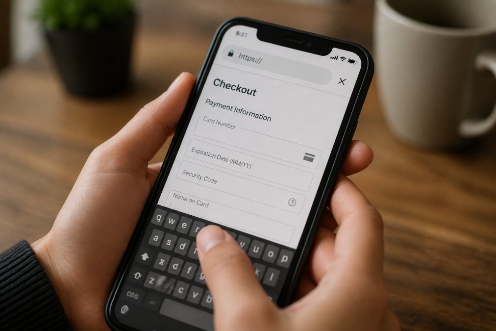 Close-up of a smartphone screen showing a secure checkout page with SSL padlock icon visible in the address bar, hands of a shopper about to enter payment information