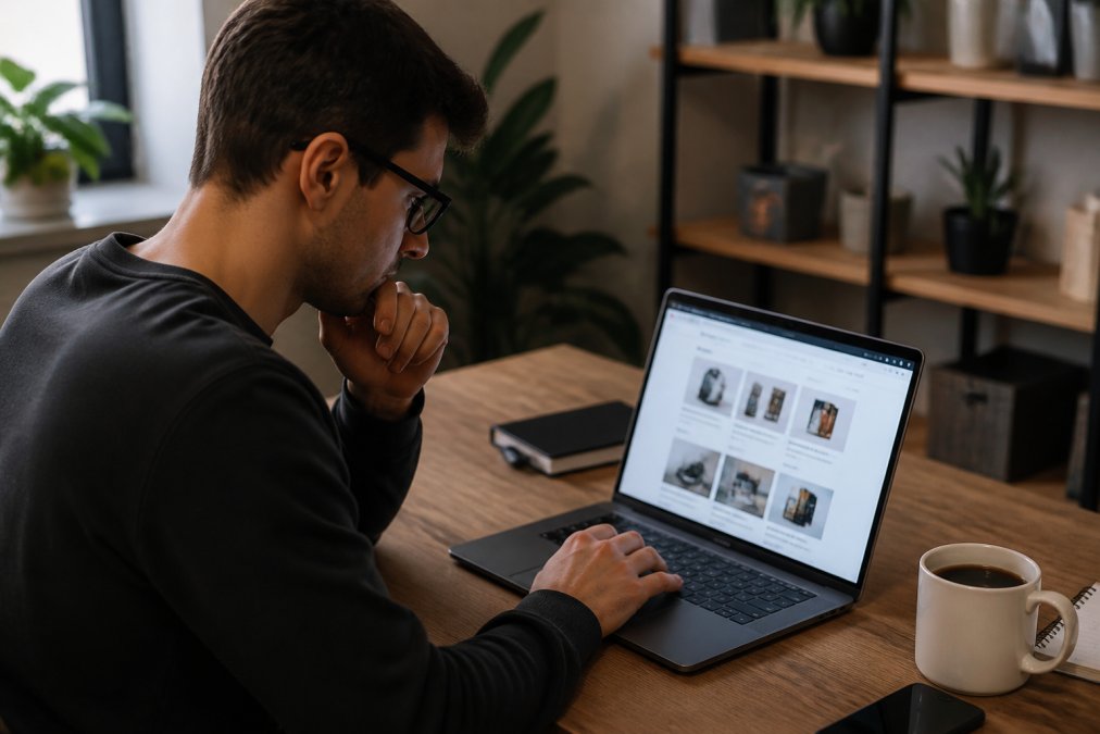 Person at a laptop reviewing website information and trust signals, with a cup of coffee nearby, focused expression while evaluating an online store